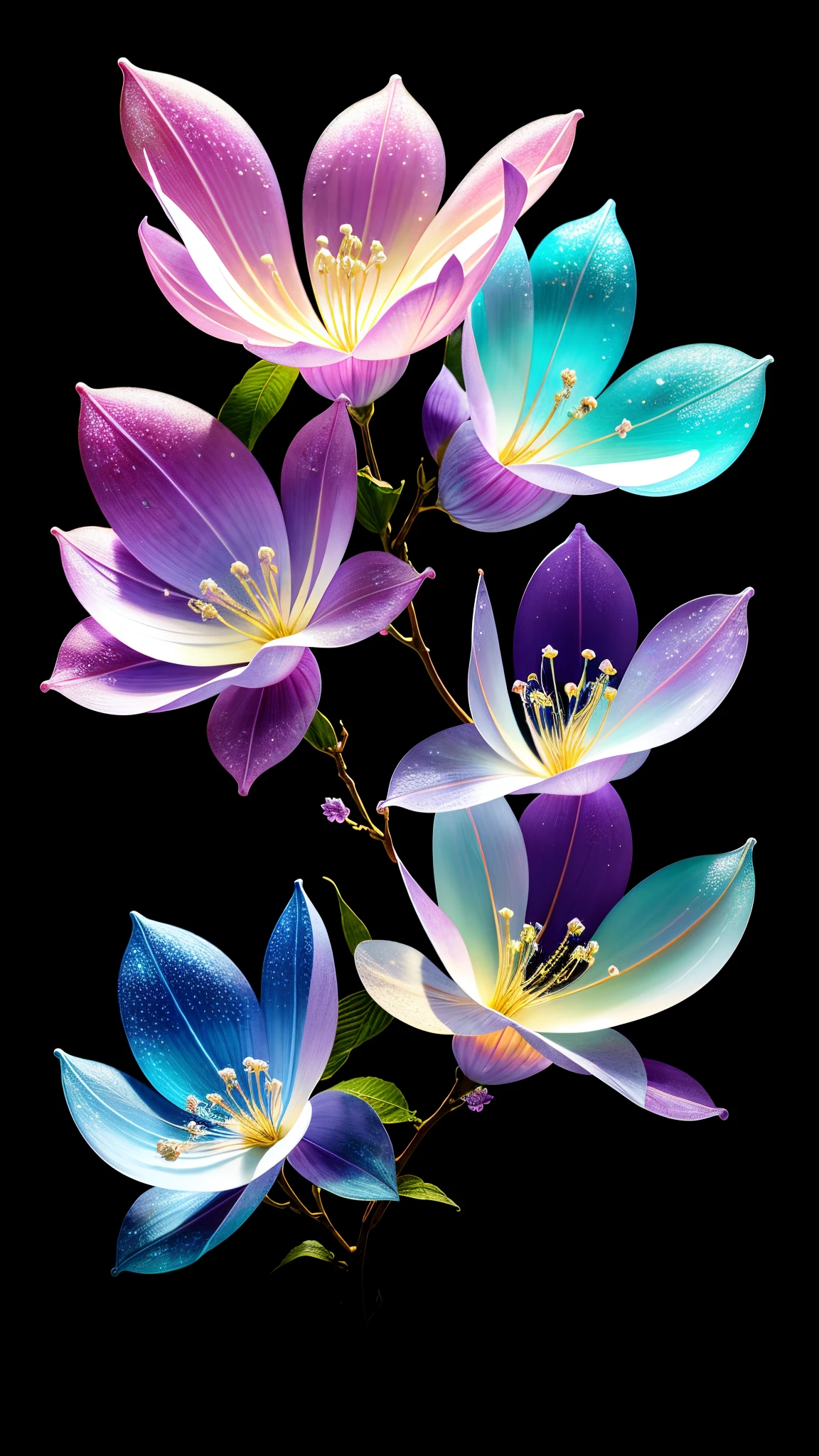 branch of delicate lilac flowers, super transparent, holy light, beautiful spectral light, petals glow, flashing, dark background, drops of transparent light, reflective light, bright, light streaming in, optics, portrait profile, sharp focus, magical, intricate, ultra realistic, fantasy, composition, light, trend on artstation, pearl, patronus cloud of silvery vapor, corrosive enveloping ray family, 8k, ureal ar 23v4 uplight