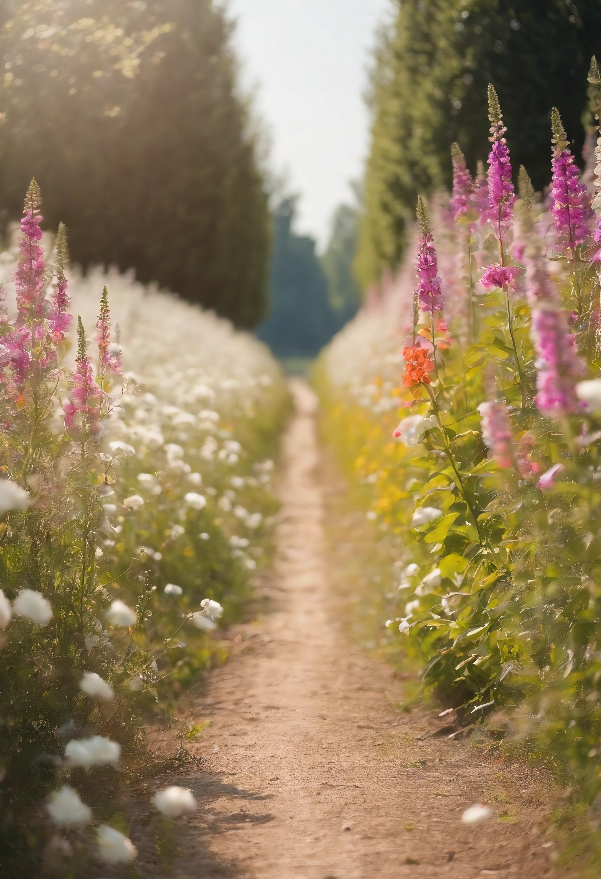 in a field of blooming flowers, There are flowers, The aesthetic realm of flowers，White flowers，vast flower fields，There is a path in the middle of the flower field，There is a path in the center of the screen，There is a very narrow road，The road leads to the distance，Sunnyday，and the sun was shining brightly，The weather was nice，Things are real when seen up close, But the distance is blurry.，A large field of flowers，The picture is vivid，フォトリアリスティック，detail-rich