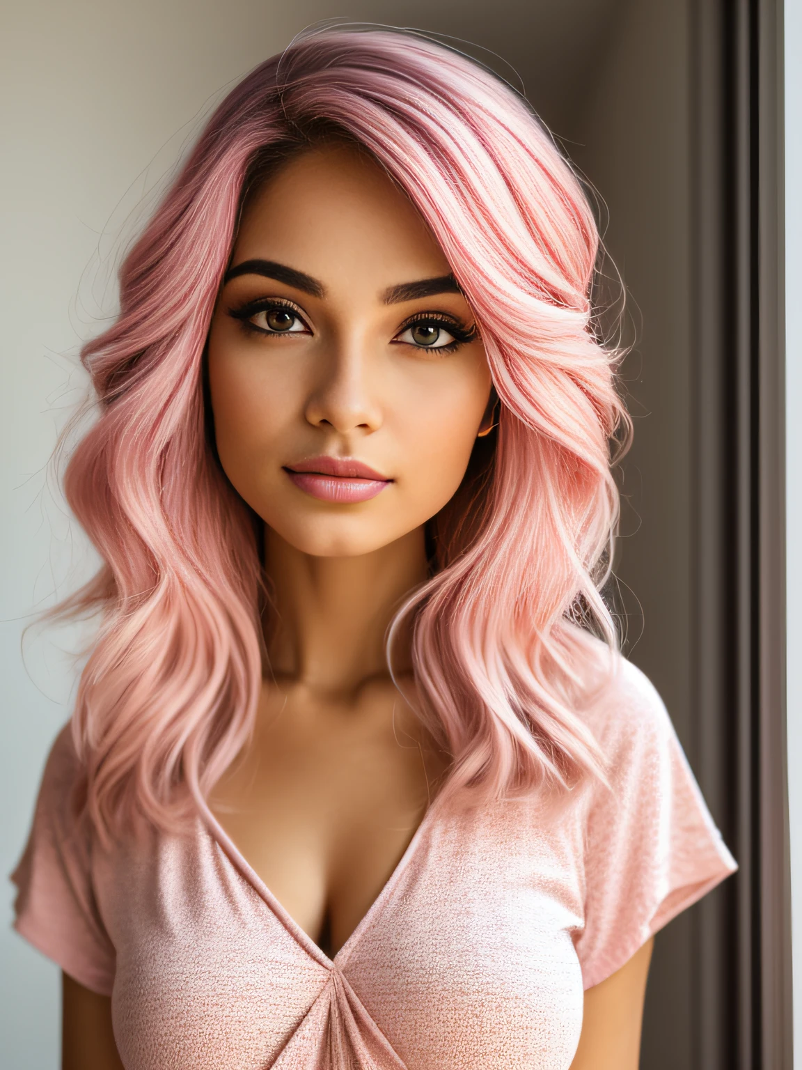 garota araafed totalmente , menina sexy com olhos azuis, ultra realistic, meticulosamente detalhado, Retrato Sophie Mudd, cabelo moreno e olhos grandes, selfie de uma jovem garota, Olhos do quarto, Violeta Myers, sem maquiagem, maquiagem natural, Looking directly at the camera, Rosto com ArtGram, maquiagem sutil, impressionante tiro de corpo inteiro ajoelhado na cama, no quarto, medium bust and pink top and white type very natural light pink hair.