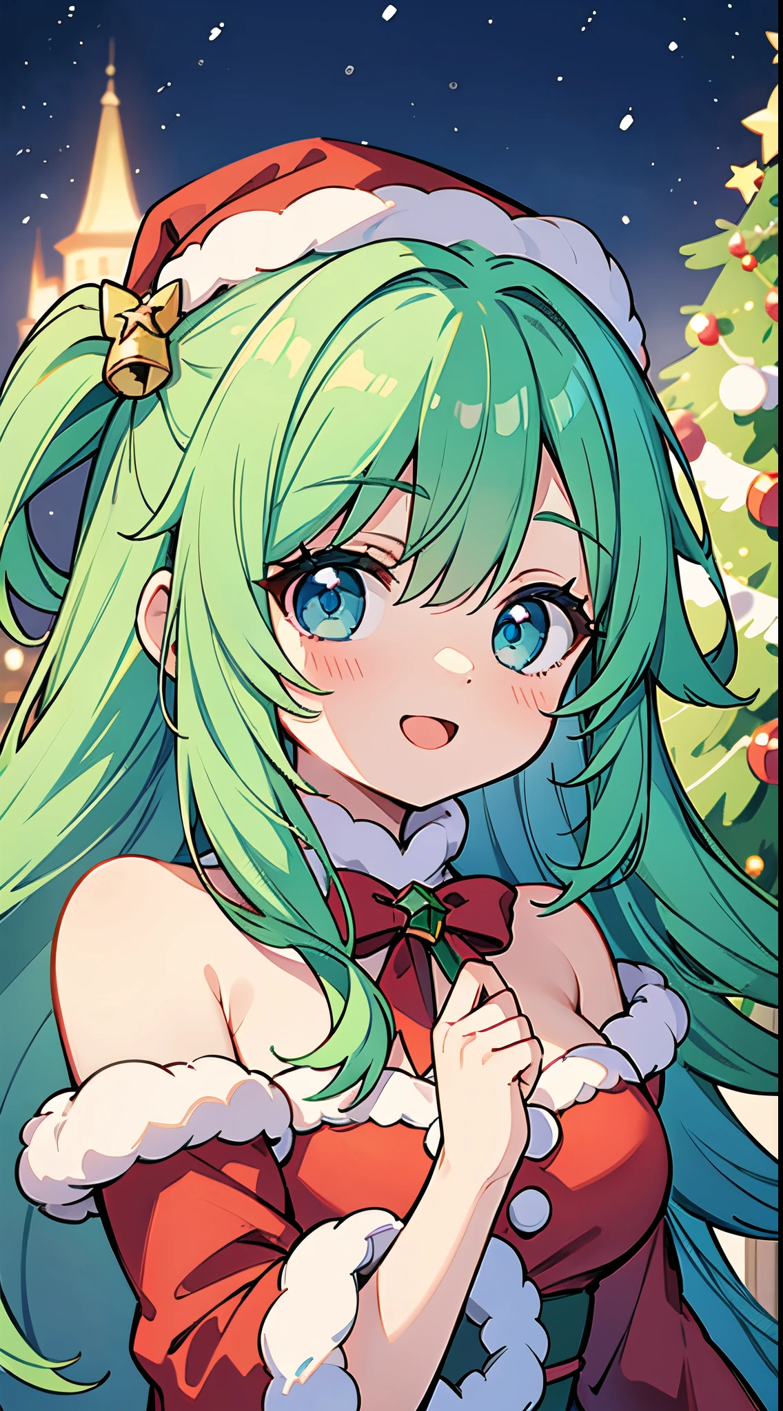 ((A Pretty girl with green hair and blue eyes))、((santa costume))、Loli face、((master piece、top-quality、ultra-definition、high resolution))、anime girl、((ultra-detailed illust:1.2))、only one person、bangs、hair between eye、beautiful hair、Beautiful eyes、Medium breasts、Big smile、opened mouth、Christmas trees、((night cityscape))、((brilliance of illumination))、snowy