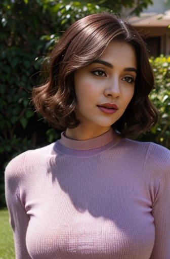 beautiful gorgeous glorious bollywood actress, standing in garden, wearing pink knitted bodycon dress, pretty face, beautiful glorious face, very fine face details, bright eyes, purple lipstick, thin nose, burgundy hair, bob cut, curls, big alluring natural breasts, round, not sagging, hourglass figure, perfect body, 4K details, ultra high resolution, skin fine details, full body photoshoot