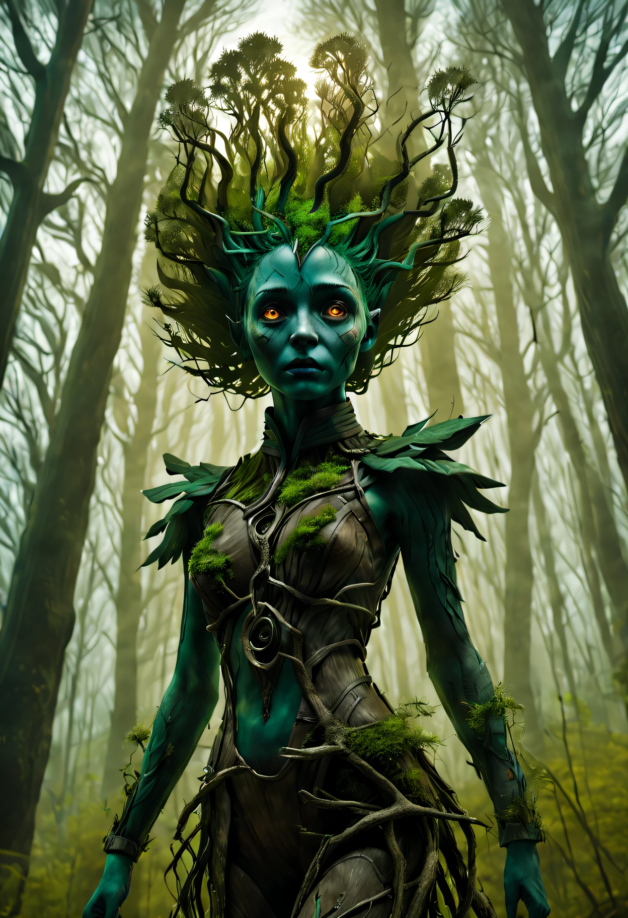Groot，a girl made of dead plants， goth elf photography, Green hair, perfect  eyes, Complicated details, at a forest,feet made of branches，Full body lesbian，(Best quality,4K,8K,A high resolution,tmasterpiece:1.2),ultra - detailed,(actual,realistically,realistically:1.37),