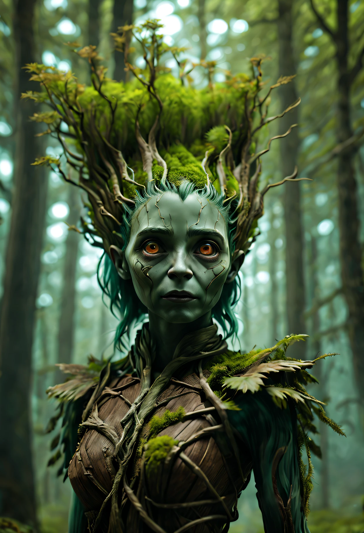 Groot，a girl made of dead plants， goth elf photography, Green hair, perfect  eyes, Complicated details, at a forest,feet made of branches，Full body lesbian，(Best quality,4K,8K,A high resolution,tmasterpiece:1.2),ultra - detailed,(actual,realistically,realistically:1.37),