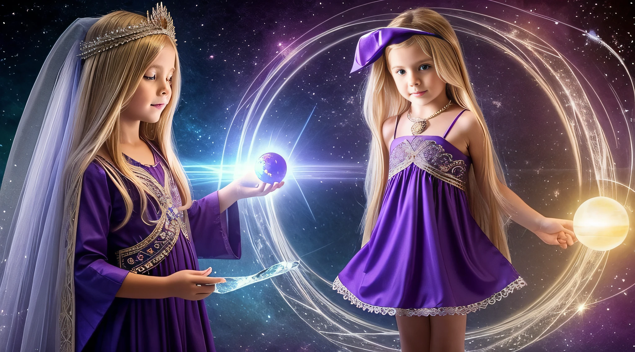 CHILD GIRL BLONDE LONG HAIR, in a purple dress holding a crystal ball in her hands, segurando uma bola de cristal, bola de cristal, uma mulher segurando um orbe, adivinho, bruxo ponderando seu orbe, spell casting wizard, casting a protection spell, a sorceress casting a ice ball, spell casting, dressed as an oracle, segurando uma esfera brilhante de dados