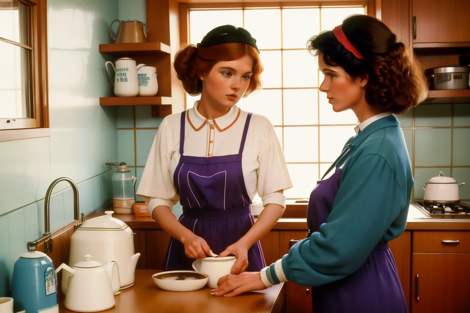 1986, Dubuque, Iowa. Pre-raphaelite 30-year-old norwegian-irish woman, with her 52-year-old mother, kitchen, washing the dishes and making coffee, ((((casual clothing from the 1980s)))), ((Hairstyle of the 1980s)), ((Wes Anderson cinematic style)), colorful