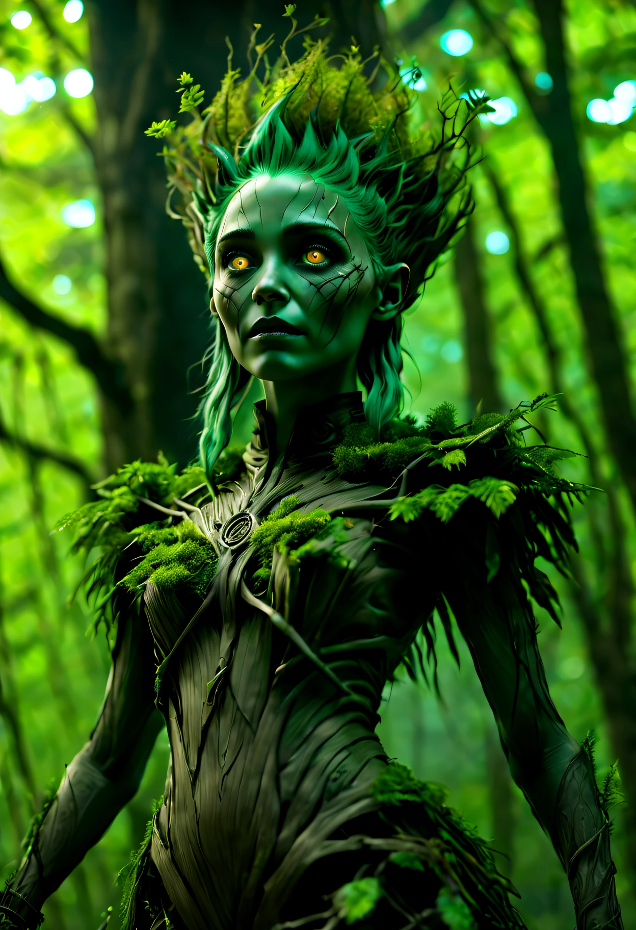 Groot，a girl made of dead plants， goth elf photography, Green hair, perfect  eyes, Complicated details, at a forest,feet made of branches，Full body lesbian，(Best quality,4K,8K,A high resolution,tmasterpiece:1.2),ultra - detailed,(actual,realistically,realistically:1.37),