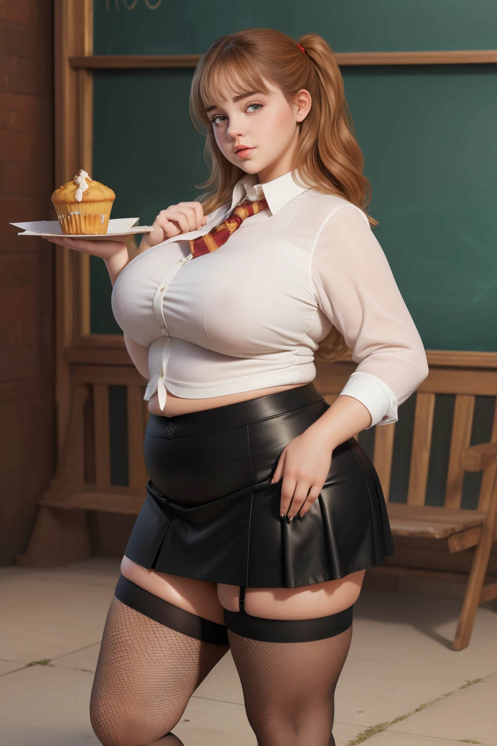masterpiece, (photorealistic), (8k wallpaper) , (best quality), perfect quality, solo, (detailed eyes:0.9), girl, Ermione, curvy hair, eating donut, very young, face : (very young, European, very beautiful face, young). figure : (very full figure, very chubby, curvy, muffin top, love handles, extra thick, extra thicc, navel, very soft, very thick, big breasts, sexy, sexy pose, fat thighs). clothes: ( black tight miniskirt, miniskirt don't cover her ass, tight school uniform, fishnet, red tights).