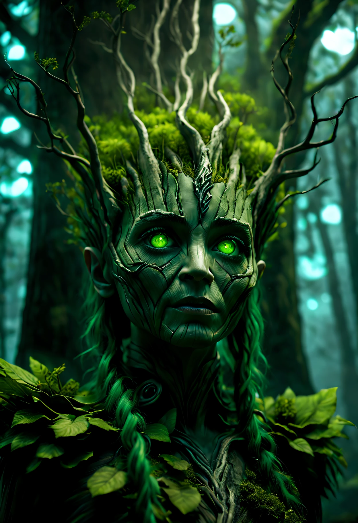 Groot，a girl made of dead plants， goth elf photography, Green hair, perfect  eyes, Complicated details, at a forest,feet made of branches，Full body lesbian，(Best quality,4K,8K,A high resolution,tmasterpiece:1.2),ultra - detailed,(actual,realistically,realistically:1.37),