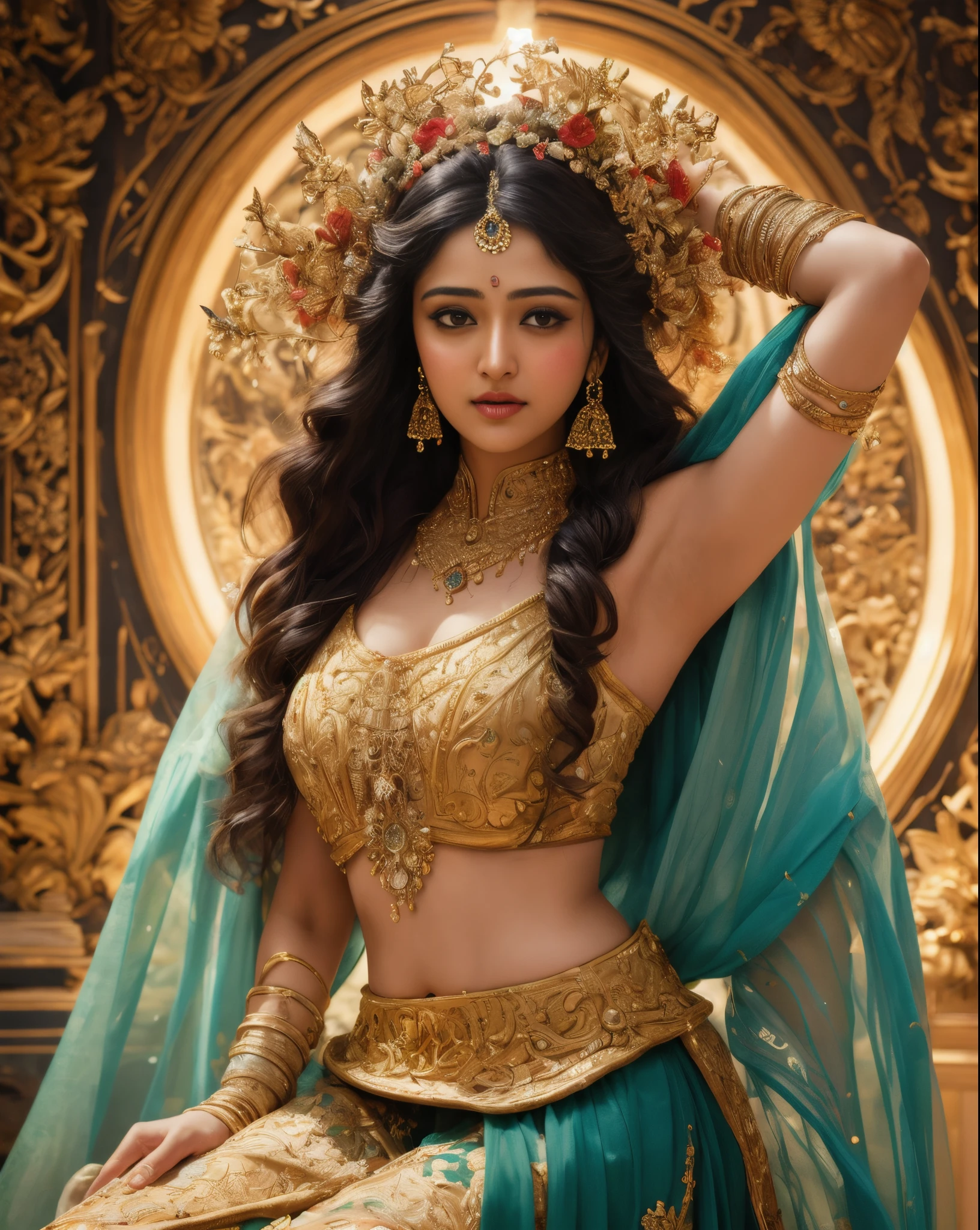 Face mix of Anushka Shetty and Nayanthara, a masterpiece ultrarealistic ultradetailed portrait of a beautiful girl in incredible goledn armor. baroque renaissance. in forest. medium shot, intricate, elegant, highly detailed. trending on artstation, digital art, by stanley artgerm lau, wlop, rossdraws, james jean, andrei riabovitchev, marc simonetti, yoshitaka amano. background by james jean and gustav klimt, light by julie bell, 4 k, porcelain skin.