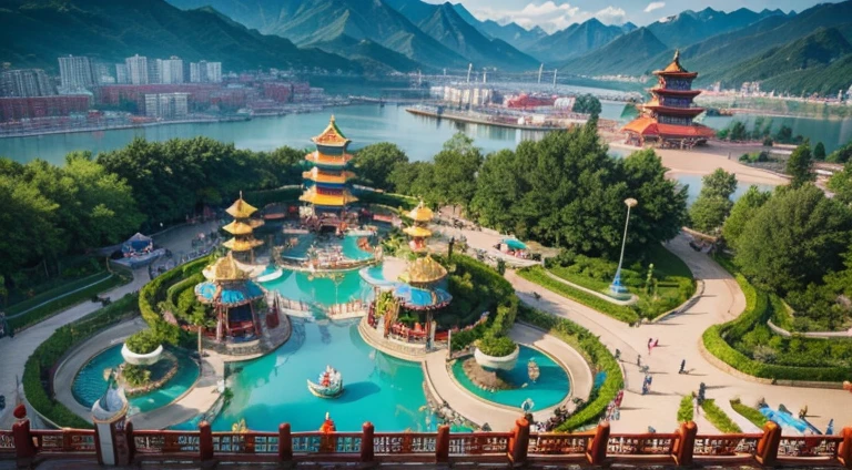 Amusement park with Chinese style architecture,Aerial perspective,There are mountains and waters,With cloud effect,Fantasy style,Chinese style elements,Various amusement facilities with Chinese style elements
