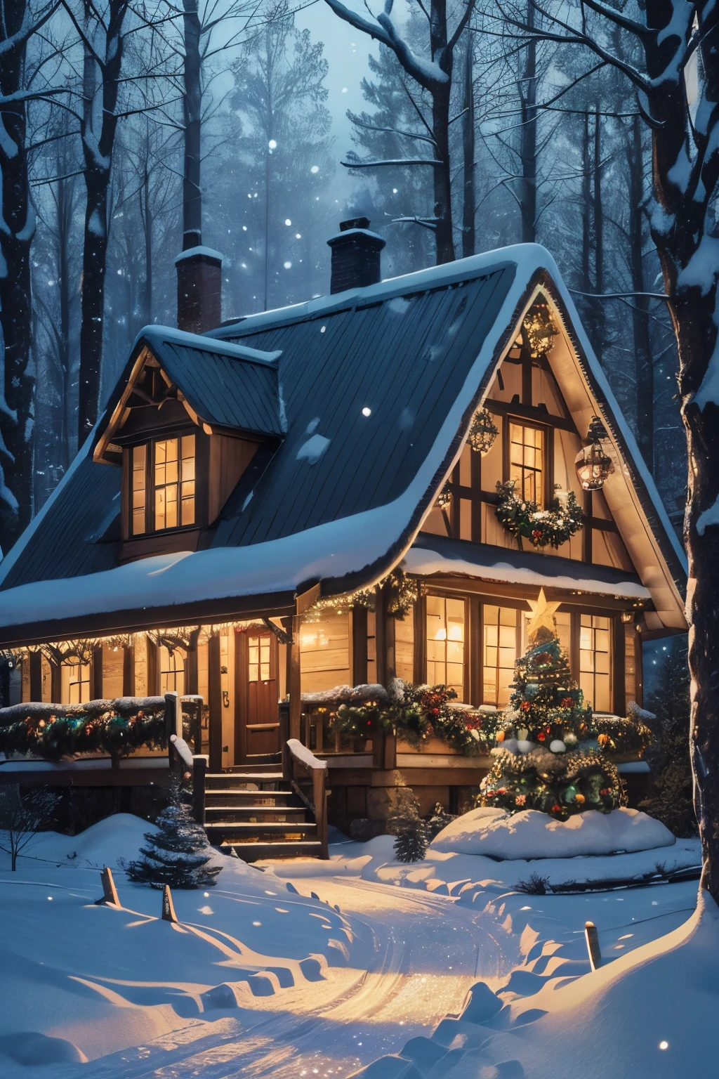 Art by Kajenna, full body, christmas evening in winter forest, falling snow christmas tree and englisch cottage with lightbulbs in background, intricate details, highly detailed, digital painting, stunning, textures, iridescent and luminescent scales, breathtaking beauty, pure perfection, divine presence,
