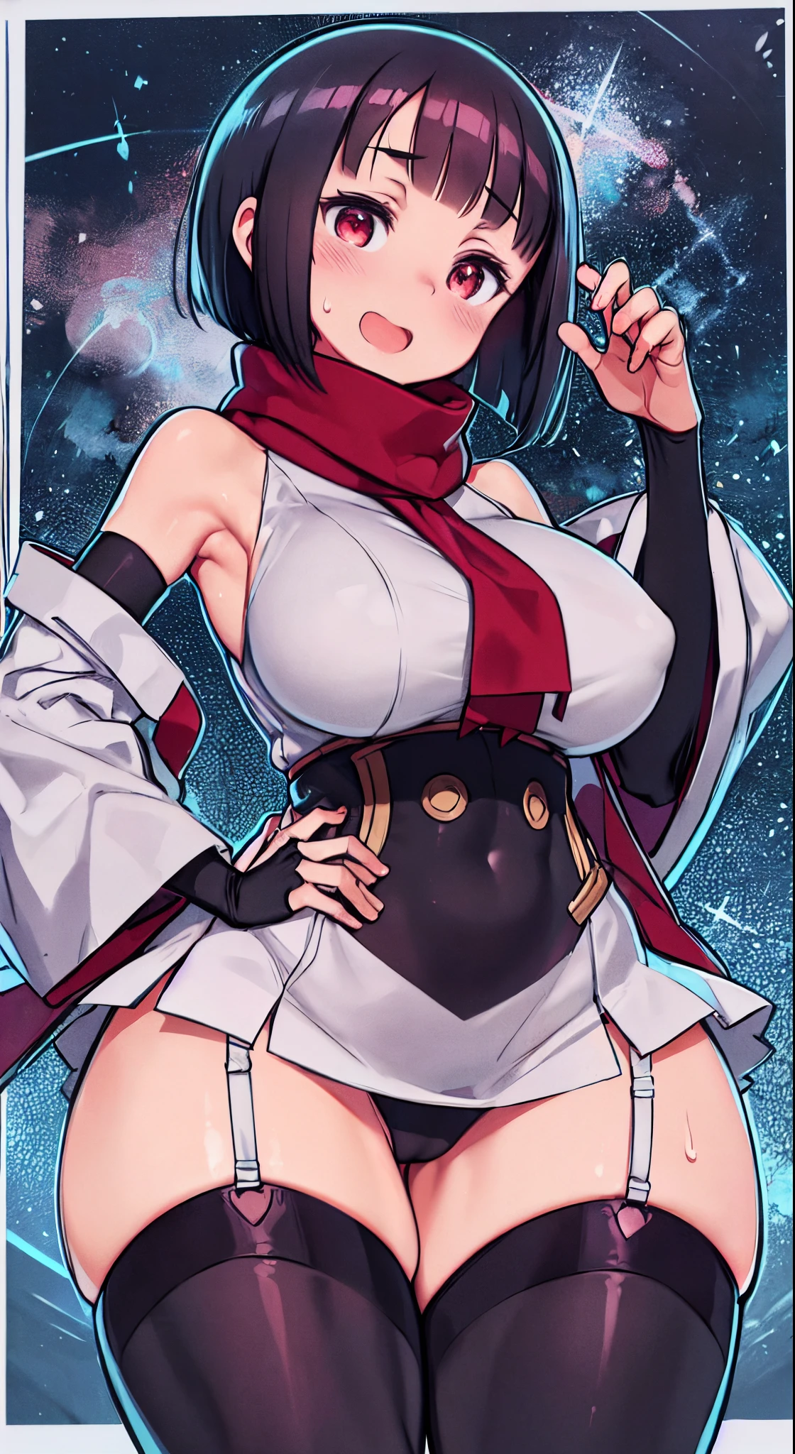 (Perfect body),Best Quality,16 K、((((Short stature))))、((((Lori))))、(White kimono)、sleeve less、(Red mini skirt)、White panty、(((blush)))、:D、I have my mouth wide open、Tsuriformes、Blunt bangs、(short-hair)、(((bob cuts)))、(Red Eyes),((Black hair)),(Sweat)、((red scarf))、((Big ass))、((huge-breasted))、(((thick thighs)))、Armpits、dynamicposes
