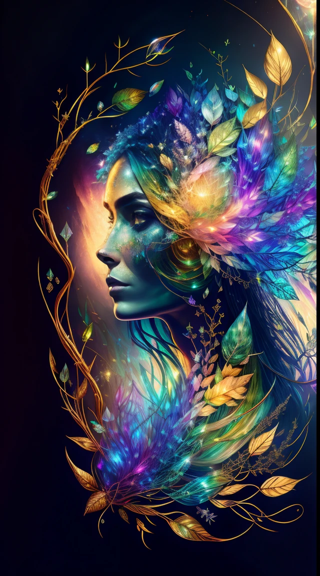 Plant Maiden,Vine Princess,Witch of Thorns,Beautiful line art photo,Use gold strokes and rainbow paint,Golden Maiden,the golden ratio,Melted wax,Visible brush strokes,surrounded by crystal spheres,3D Mosaic Wireframe,neuroimaging,neurons,The Tree of Life,colours,California,intense emotion,Oil on canvas,Thick strokes,insanely details,8k ultra high definition,tmasterpiece,art stations,ultra-realistic realism,plant witch,Vine Queen,Witch of Thorns