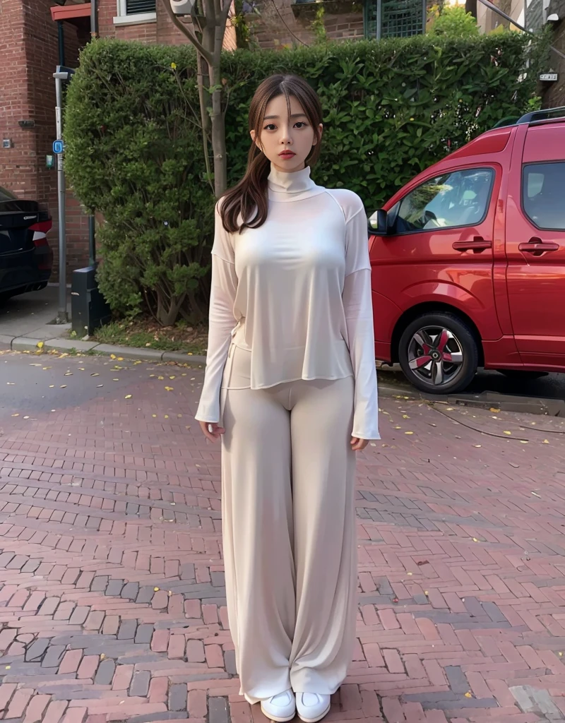 arafed woman standing on brick sidewalk in front of a red car, dressed with long fluent clothes, taken in the early 2020s, full - body - front - shot, taken in 2022, chiho, heonhwa choe, bae suzy, 8k!!, style of yoshii chie, ito, lee ji-eun, very big breast, h cup bust size, Thin clothes, nipples popping, slim body, transparent clothes, long legs, big thighs, ponytail hair, Very detailed, masterpiece, best quality, Tight trousers in the vaginal area, prominent breasts.