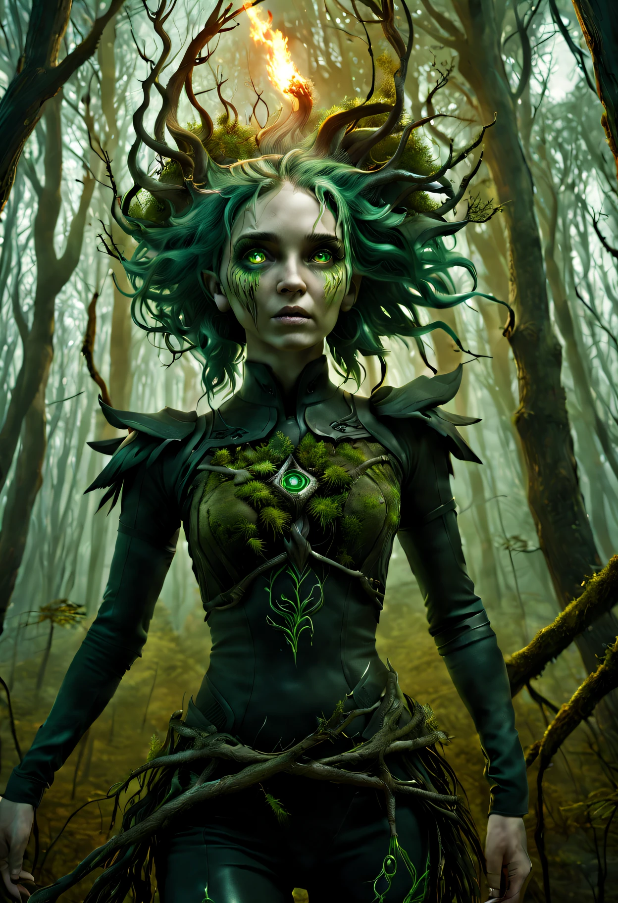 Groot，a girl made of dead plants， goth elf photography, Green hair, perfect  eyes, Complicated details, at a forest,feet made of branches，Full body lesbian，(Best quality,4K,8K,A high resolution,tmasterpiece:1.2),ultra - detailed,(actual,realistically,realistically:1.37),