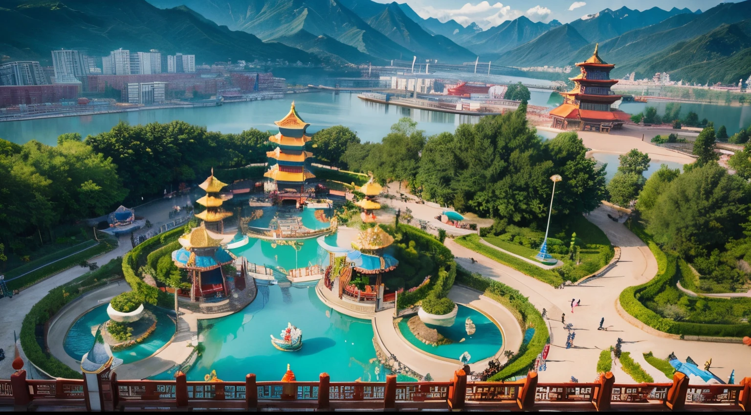 Amusement park with Chinese style architecture,Aerial perspective,There are mountains and waters,With cloud effect,Fantasy style,Chinese style elements,Various amusement facilities with Chinese style elements