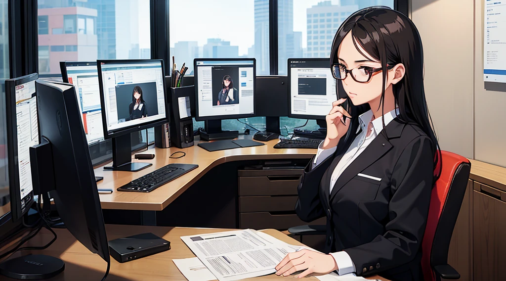 1woman, 30 years old, long black hair, brown eyes, glasses, wearing office clothing, office work cubicle, high res, ultrasharp, 8K, masterpiece, side profile, looking at computer screen, not looking at camera, wearing earphones, focused expression
