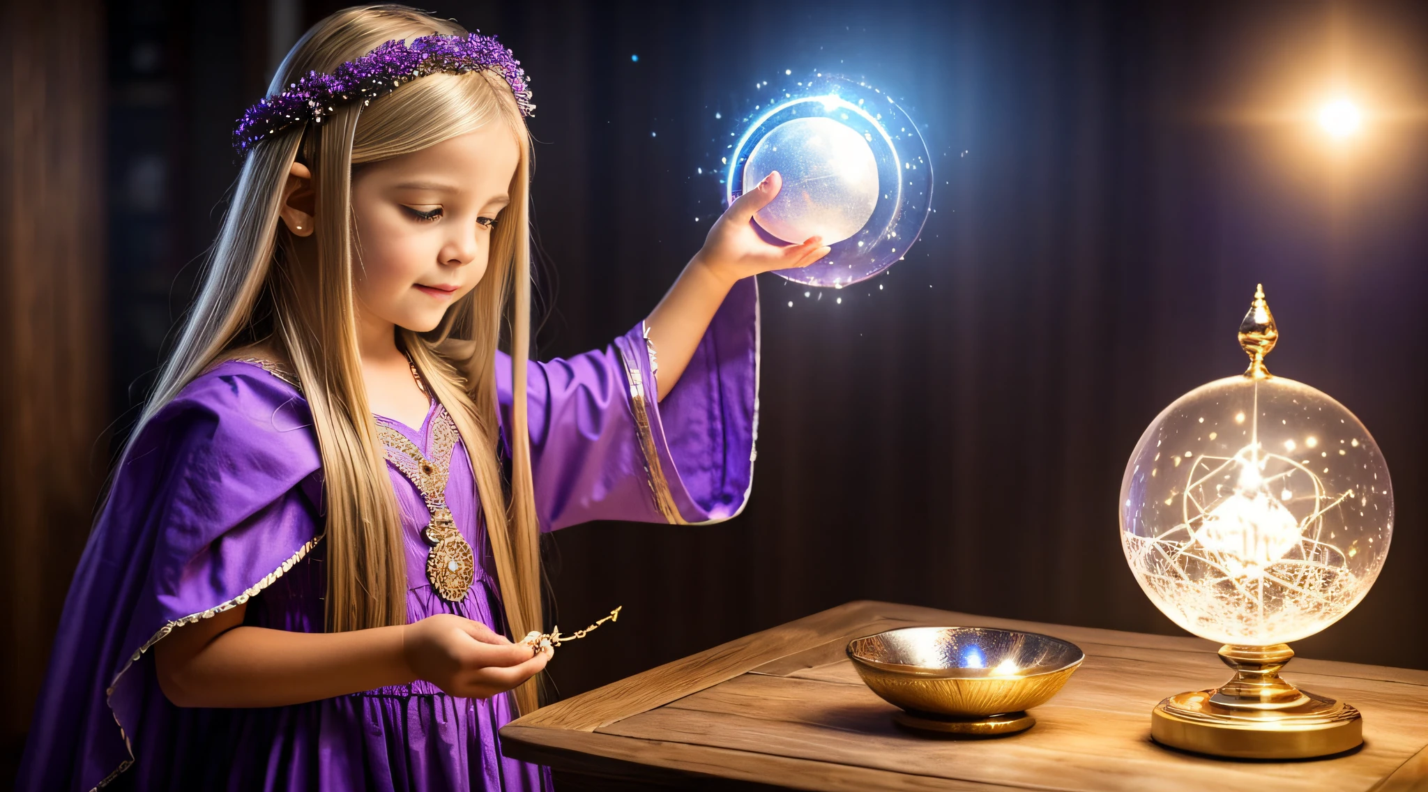 CHILD GIRL BLONDE LONG HAIR, in a purple dress holding a crystal ball in her hands, segurando uma bola de cristal, bola de cristal, uma mulher segurando um orbe, adivinho, bruxo ponderando seu orbe, spell casting wizard, casting a protection spell, a sorceress casting a ice ball, spell casting, dressed as an oracle, segurando uma esfera brilhante de dados