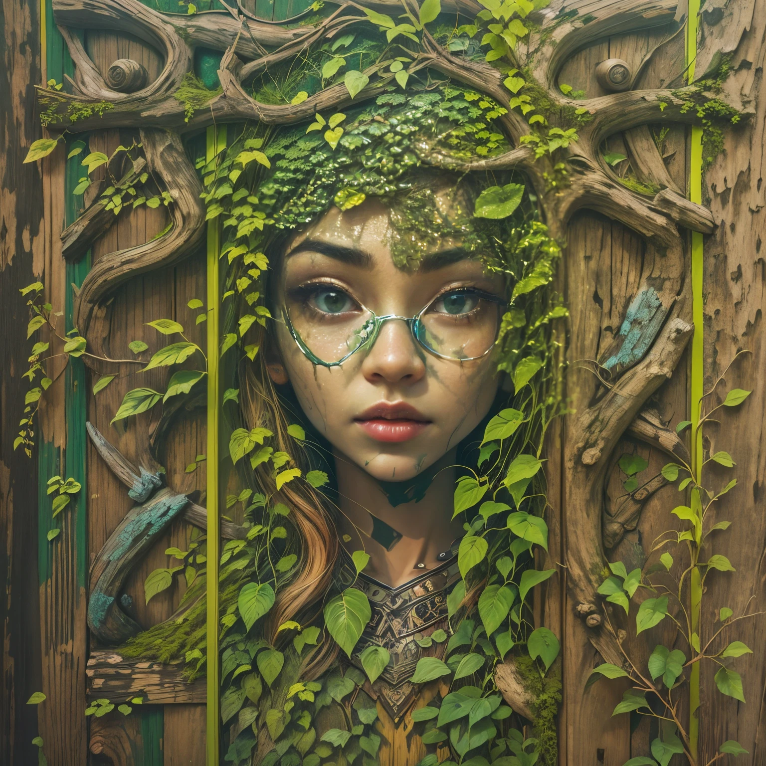 The mottled wooden walls are covered with strange patterns.,It is painted with strange and mysterious totem symbols and ancient primitive texts..,Wooden wall with relief of girl portrait,The wooden walls are dilapidated,Green vines covering girl,Vines,tmasterpiece,Basic Quality,realistically,(pure love face_v1:0.7),(8K,Best quality at best), Paintings come to life, paintings in the walls, wall paintings, art painting, Draw one, Draw one, Ink painting style,4K drawing