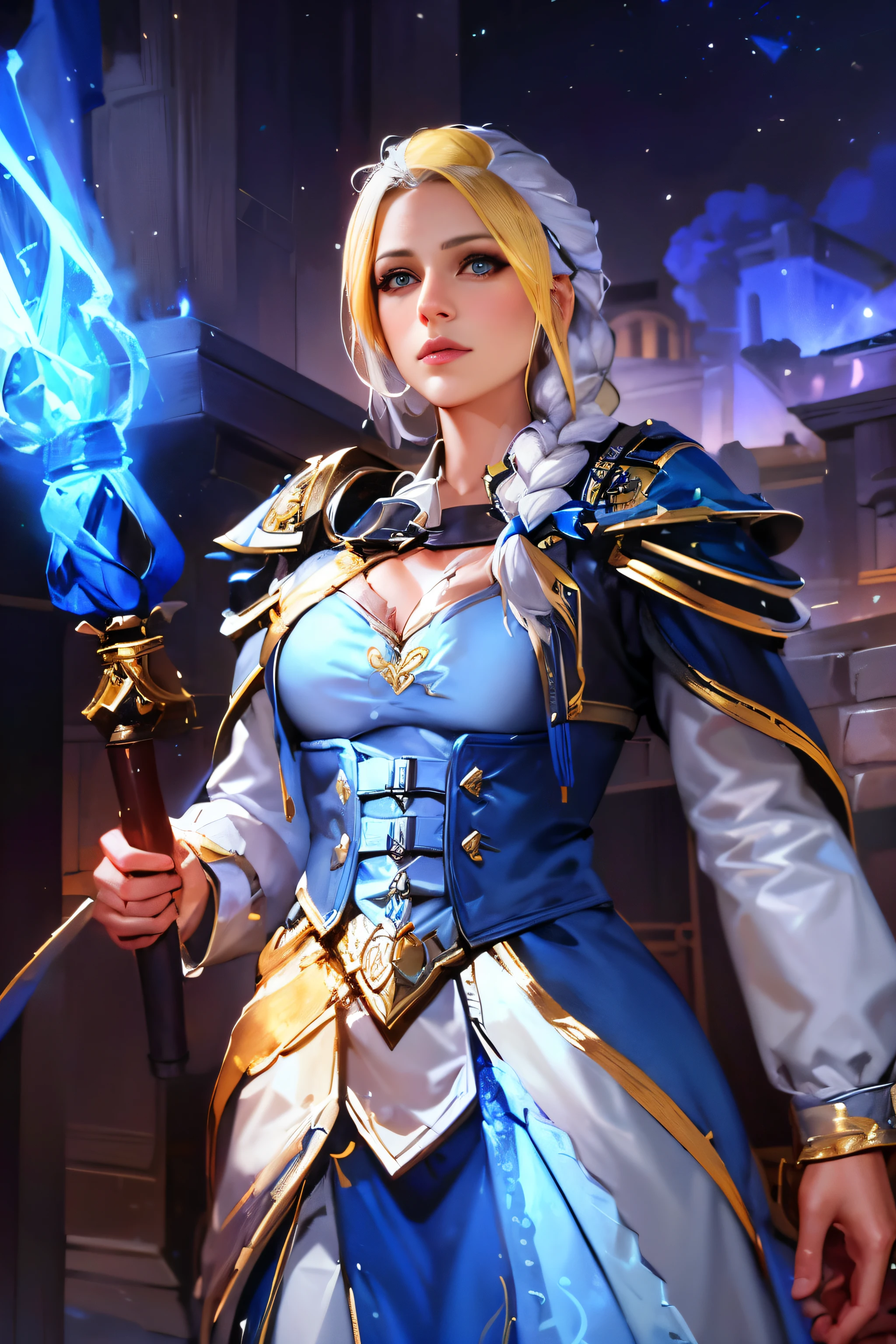 Woman in a blue and white dress holding a blue cane., Jaina Proudmoore, Retrato de una maga, Maga fe******, Retrato de un mago, female cleric, fantasy paladin woman, epic mage girl character, epic exquisite character art, Maya Ali as Lightning Magician, Maya Ali como D&D Hechicero, cabello blanco con amarillo en parte delantera de cabello, ojos azules definidos, joven