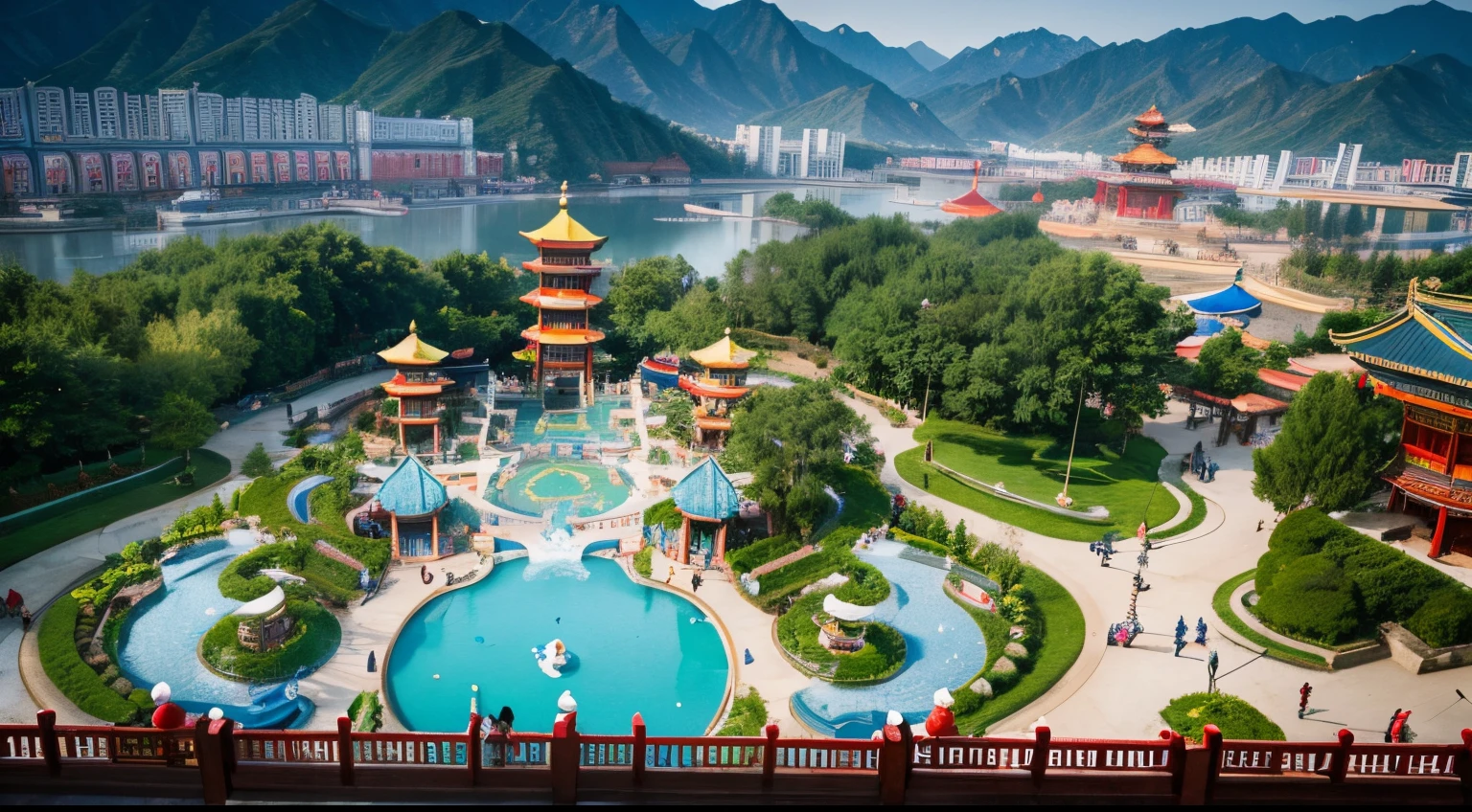 An amusement park with Chinese-style architecture,Aerial viewing angle,There are mountains and waters,Has cloud effect,estilo fantasia,Chinese style elements,Various playground facilities with Chinese style elements