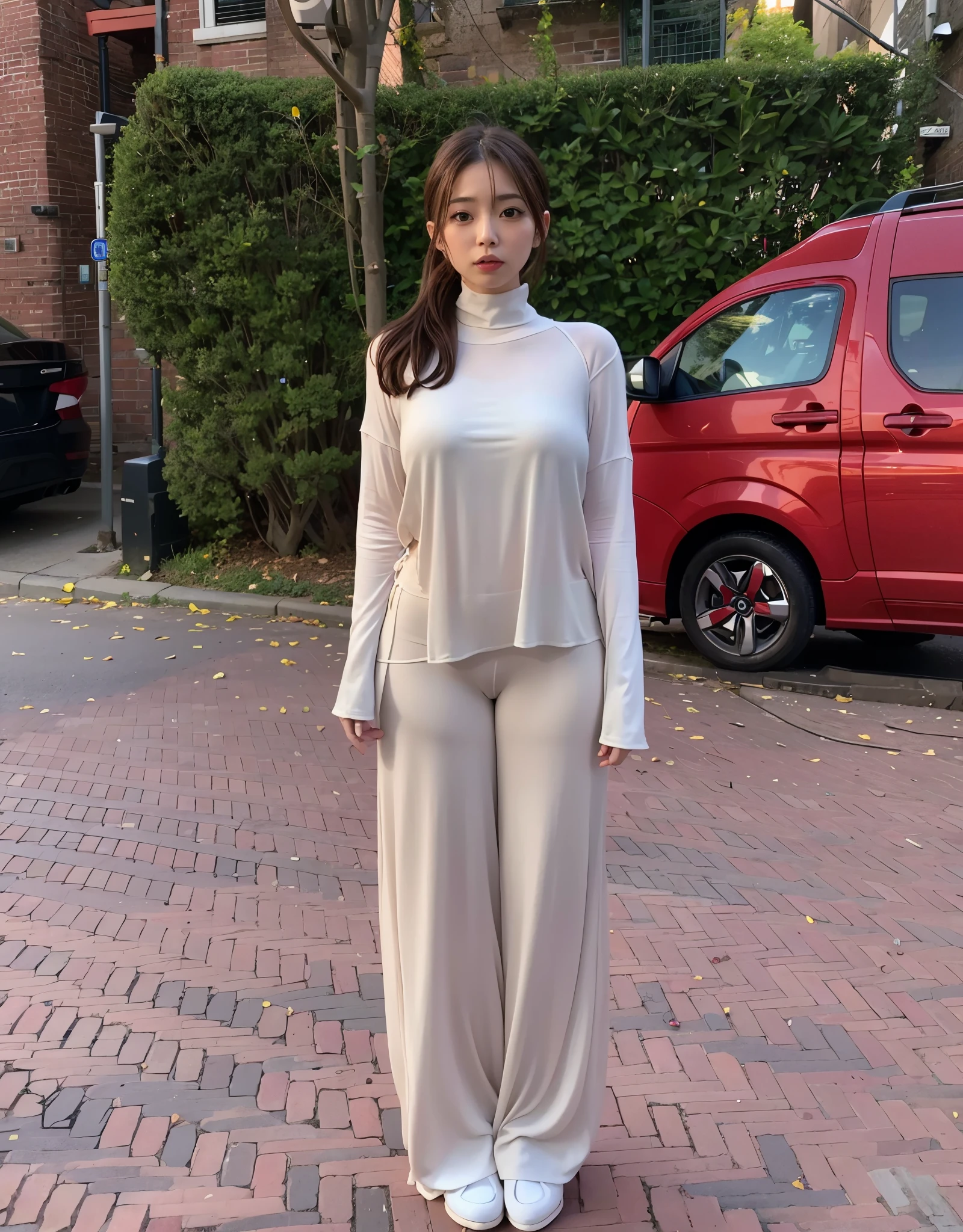 arafed woman standing on brick sidewalk in front of a red car, dressed with long fluent clothes, taken in the early 2020s, full - body - front - shot, taken in 2022, chiho, heonhwa choe, bae suzy, 8k!!, style of yoshii chie, ito, lee ji-eun, very big breast, h cup bust size, Thin clothes, nipples popping, slim body, transparent clothes, long legs, big thighs, ponytail hair, Very detailed, masterpiece, best quality, Tight trousers in the vaginal area, prominent breasts.