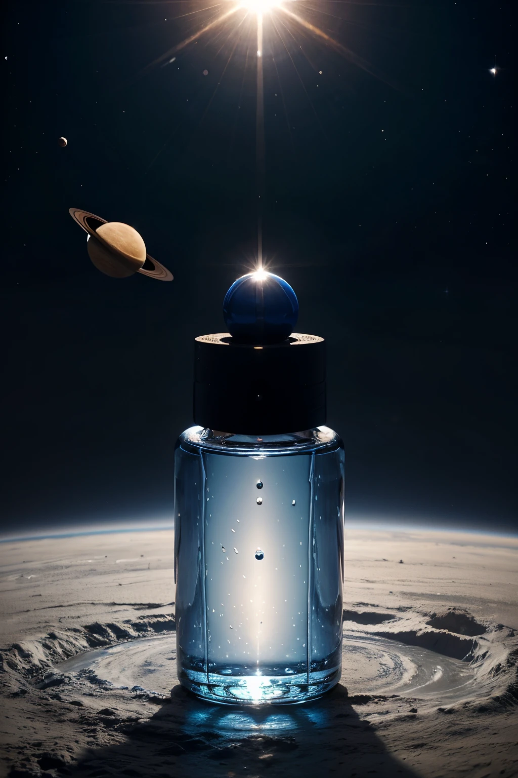 create an image with several planets rotating in the blue sky around a small perfume bottle