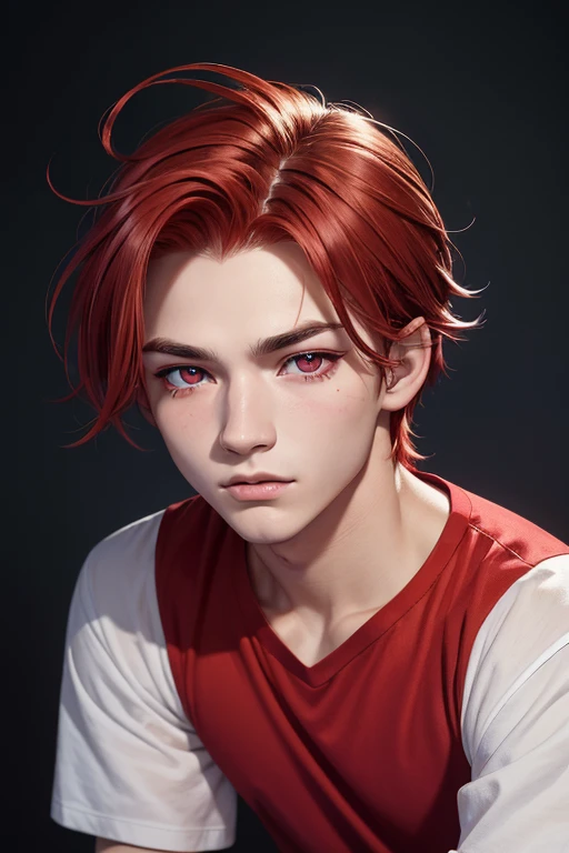 (high resolution:1.2),detailed (portrait:1.1),vibrant colors,cinematic lighting,red hair,red eyes,dark eyebrows,slanted eyes,teardrop tattoo (under left eye),youthful appearance,open-chested Y-shirt,confident expression,20-year-old male