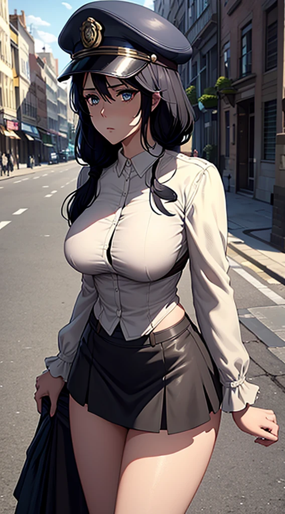 Long black hair, police dress, massive sized boobs, thigh legs, police cap on her head,short police skirt, standing,blue colour eyes,ultra realistic detailed blue eyes, beautiful and perfect face, city street background, Violet Evergarden's hairstyle, black hair