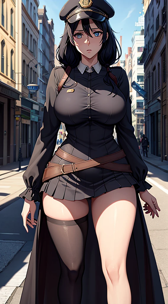 Long black hair, police dress, massive sized boobs, thigh legs, police cap on her head,short police skirt, standing,blue colour eyes,ultra realistic detailed blue eyes, beautiful and perfect face, city street background, Violet Evergarden's hairstyle, black hair