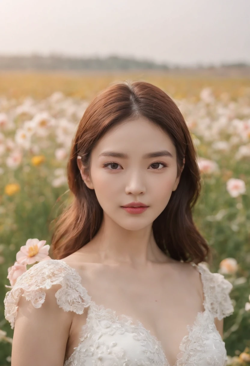 A woman in a white dress stands in a flower field, beautiful Korean women, beautiful young korean woman, standing in flower field, There are flowers, Girl in the flowers, gorgeous young korean woman, standing in flower field,girl standing in flower field, The aesthetic field of flowers, with frozen flowers around her, girl frontal lobe in flower field，Sunnyday，and the sun was shining brightly，The weather was nice，A large field of flowers，The picture is vivid，フォトリアリスティック，detail-rich