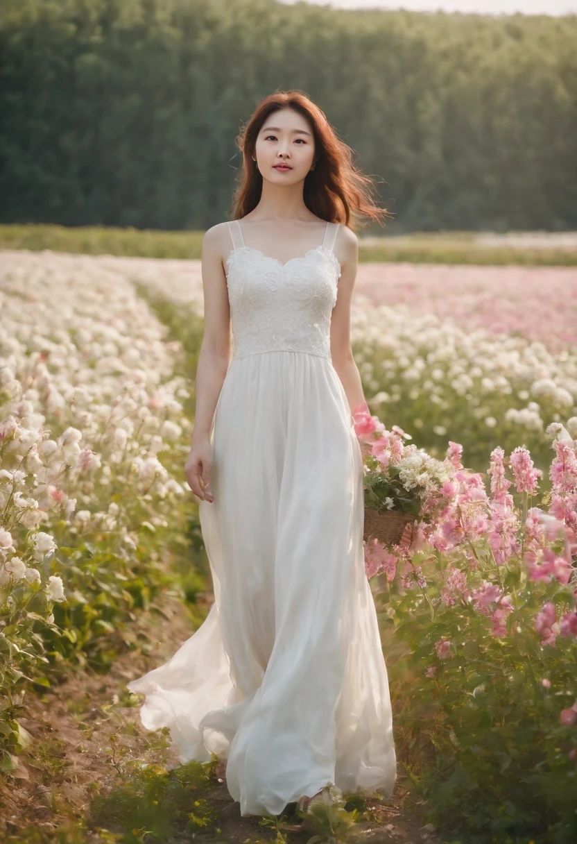 A woman in a white dress stands in a flower field, beautiful Korean women, beautiful young korean woman, standing in flower field, There are flowers, Girl in the flowers, gorgeous young korean woman, standing in flower field,girl standing in flower field, The aesthetic field of flowers, with frozen flowers around her, girl frontal lobe in flower field，Sunnyday，and the sun was shining brightly，The weather was nice，A large field of flowers，The picture is vivid，フォトリアリスティック，detail-rich