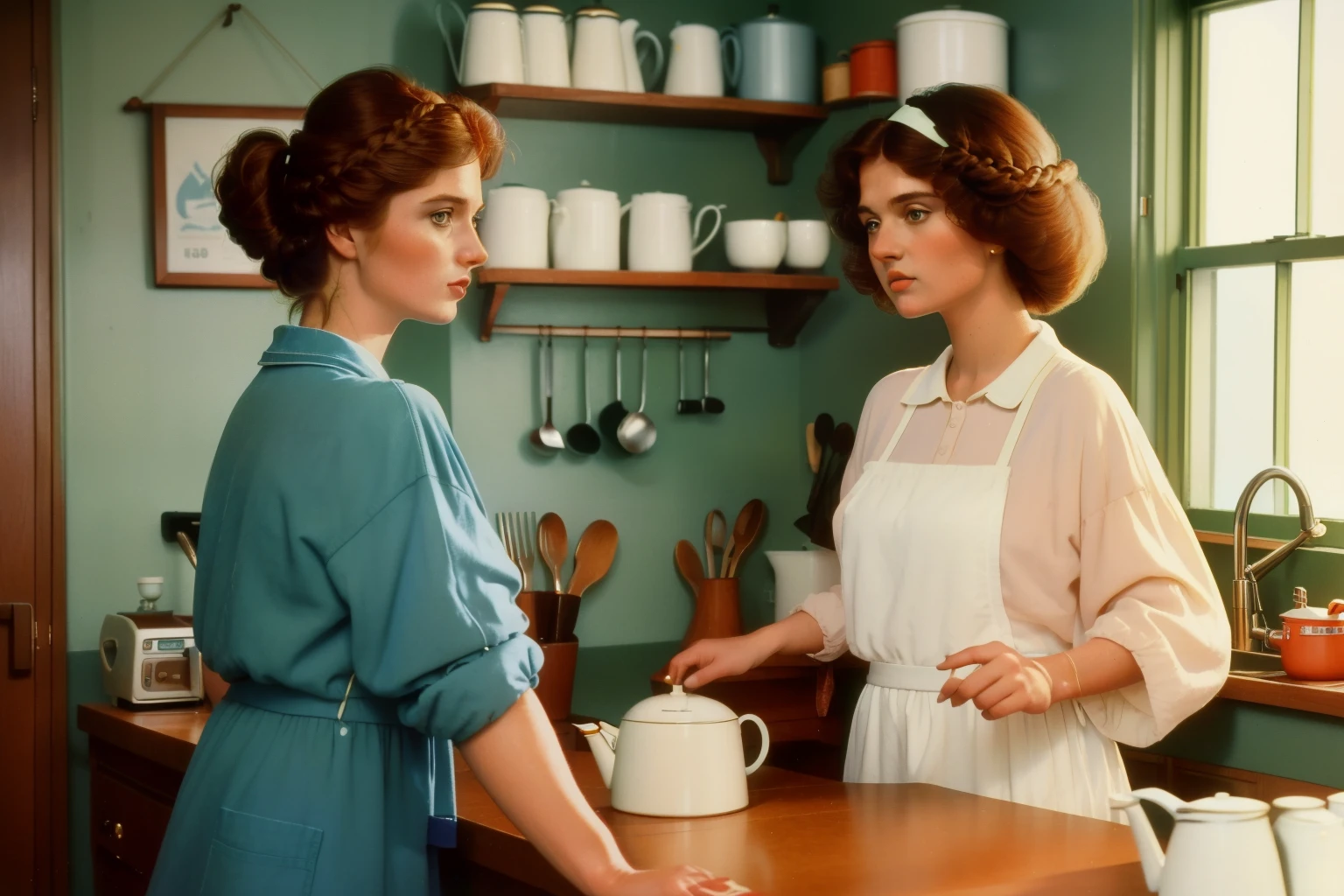 1986, Dubuque, Iowa. Pre-raphaelite 30-year-old norwegian-irish woman, with her 52-year-old mother, kitchen, washing the dishes and making coffee, ((((casual clothing from the 1980s)))), ((Hairstyle of the 1980s)), ((Wes Anderson cinematic style)), colorful