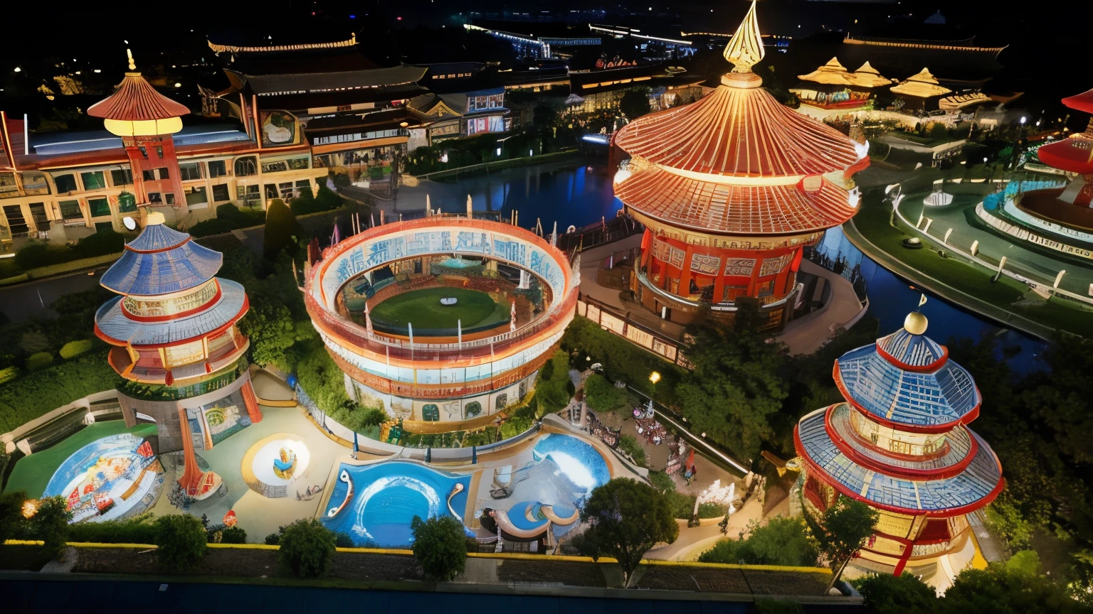 An amusement park with Chinese-style architecture,Aerial viewing angle