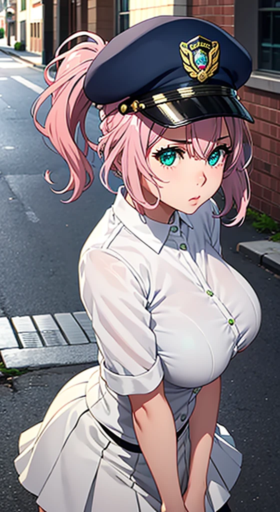 Very Cute girl, massive sized boobs,half naked ,ultra realistic eyes, police dress,short police skirt, police cap on her head,street outside, pink colour hair,bright green eyes, ultra realistic detailed eyes, innocent eyes, looking at camera,long pink hair,