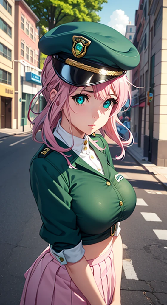 Very Cute girl, massive sized boobs,half naked ,ultra realistic eyes, police dress,short police skirt, police cap on her head,street outside, pink colour hair,bright green eyes, ultra realistic detailed eyes, innocent eyes, looking at camera,long pink hair,