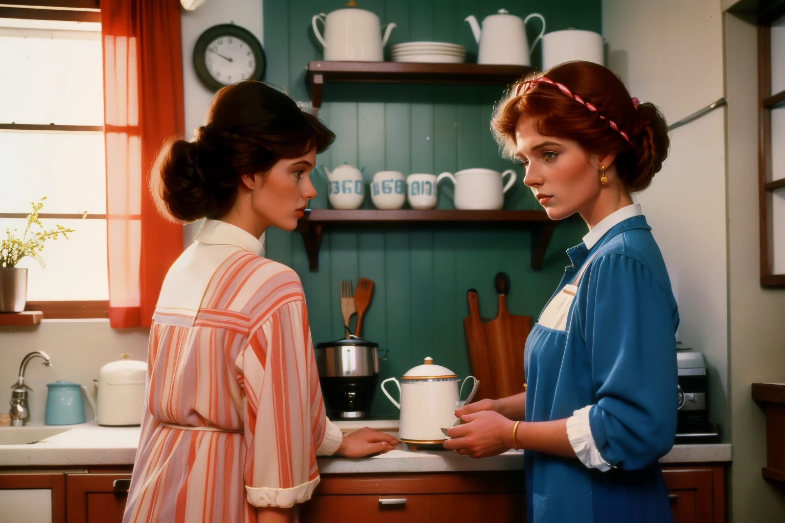1986, Dubuque, Iowa. Pre-raphaelite 30-year-old norwegian-irish woman, with her 52-year-old mother, kitchen, washing the dishes and making coffee, ((((casual clothing from the 1980s)))), ((Hairstyle of the 1980s)), ((Wes Anderson cinematic style)), colorful