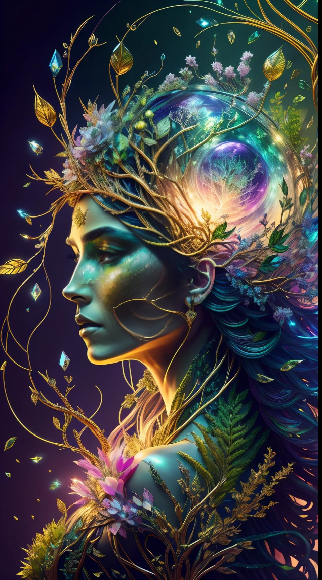 Plant Maiden，Vine Princess，Witch of Thorns，Beautiful line art photo，Use gold strokes and rainbow paint，Golden Maiden，the golden ratio，Melted wax，Visible brush strokes，surrounded by crystal spheres，3D Mosaic Wireframe，neuroimaging，neurons，The Tree of Life，colours，California，intense emotion，oil on the canvas，Thick strokes，insanely details，8k ultra high definition，tmasterpiece，art  stations，ultra-realistic realism，plant witch，Vine Queen，Witch of Thorns