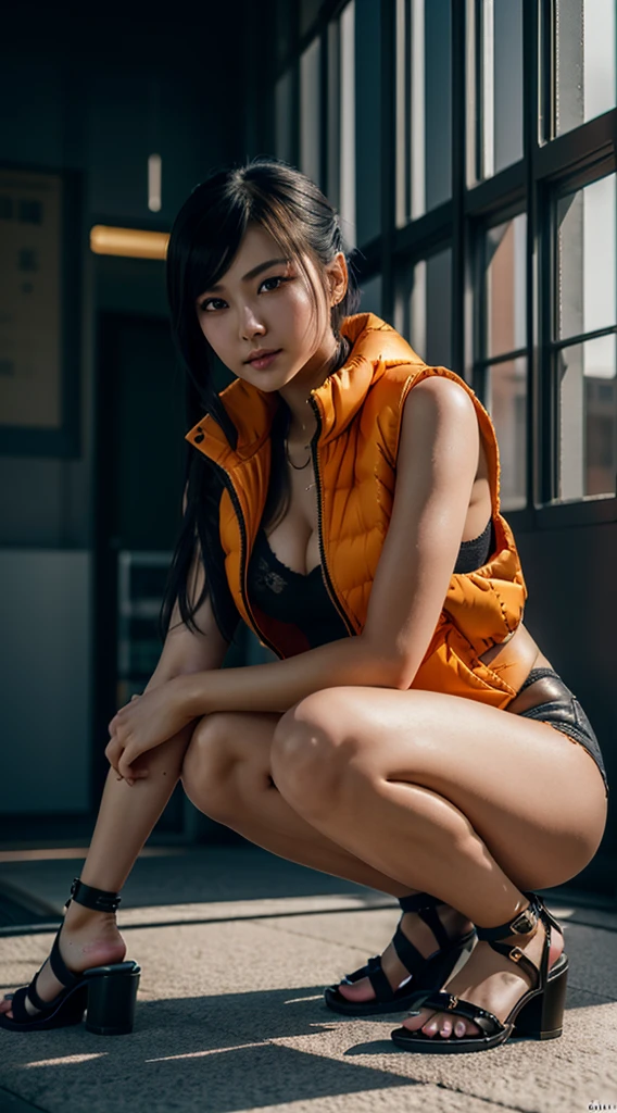 there is a woman sitting on a hoverbike Orange flying, wearing Just an Orange winter vest, japanese goddess, cyberpunk 2 0 y. o model girl, wearing sexy high heels orange sandals, gorgeous chinese model, beautiful anime girl squatting, japanese model, oppai cyberpunk, realistic young gravure idol, seductive anime girl, cute girl Just wearing vest winter suit, cyberpunk beautiful girl, beautiful cyberpunk woman model, young sensual gravure idol, naked, 8k, RAW, Perfect light, Perfect body, Perfect beauty, dramatic light, orange nails, orange toes