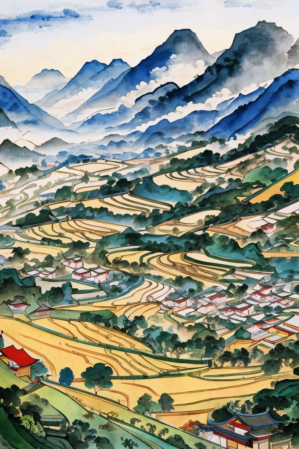 Landscape painting with mountains and fields in the foreground, Chinese countryside, Inspired by Wu Guanzhong, Detailed scenery – width 672, Chinese landscape, author:Meditation, traditional Chinese watercolor painting, Inspired by Huang Binhong, China Village, ricefield, Japan countryside, Landscape view, author:Sheng Maoye, inspired by Kim Hong-do