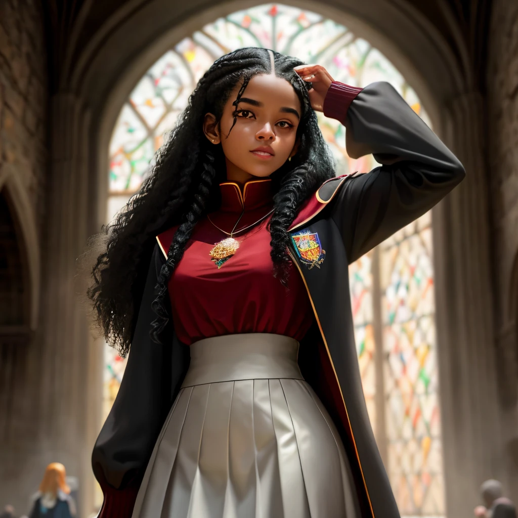 Ela tem cabelo preto frio, ela tem pele negra , one side of the hair is combed back, olhos vermelhos, Wearing the Gryffindor uniform, standing in the Hogwarts hall, the sky is now old, a luz branca brilha. rosto de brilhante, estilo de arte manhwa, 3:proportion board 4