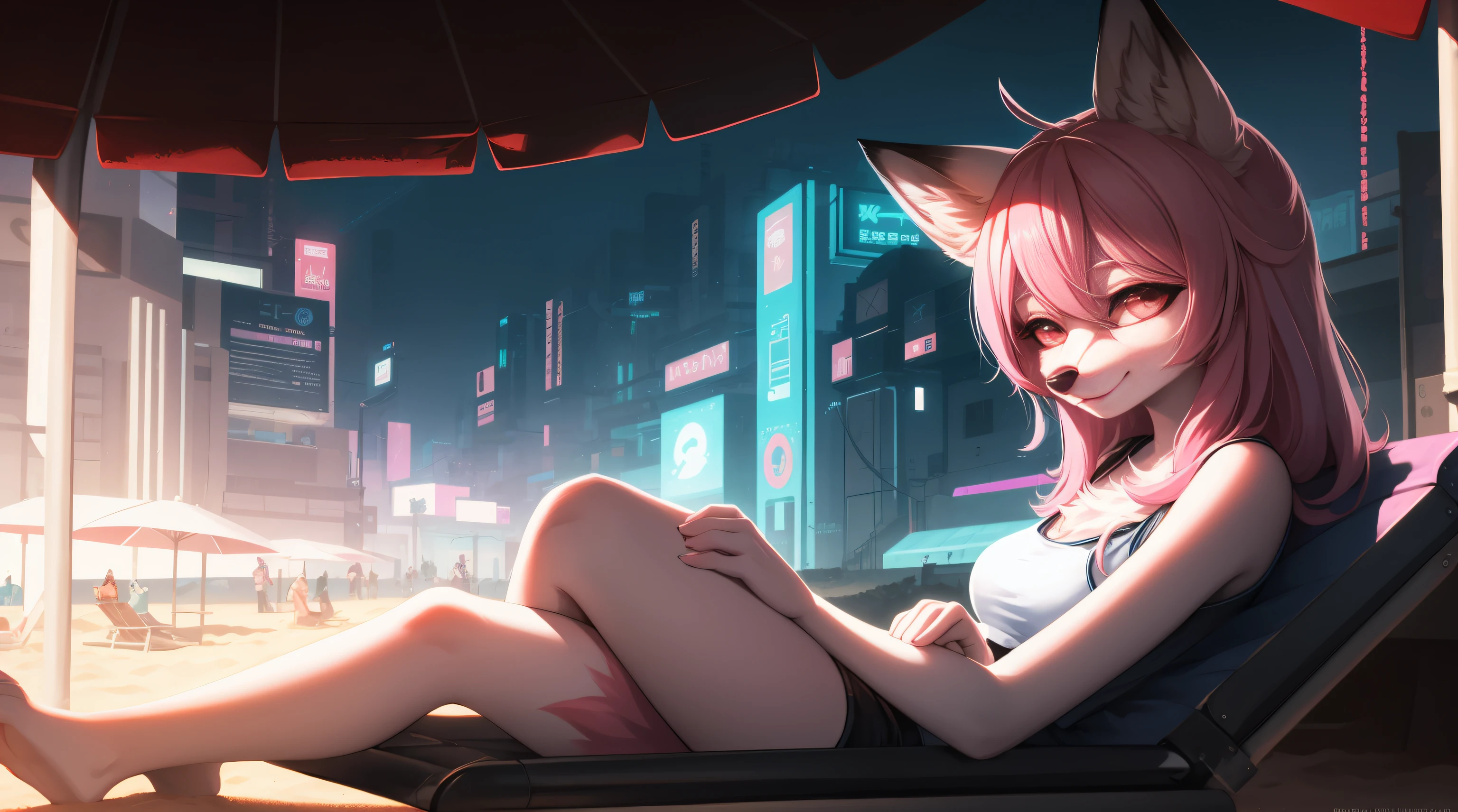 Cyberpunk fox, Beautiful light and shadow，beautiful  face，Pale pink hair、Ambient lighting on the beach、Ultra-fine fur、Volumetric light is very detailed，Finest quality furry art