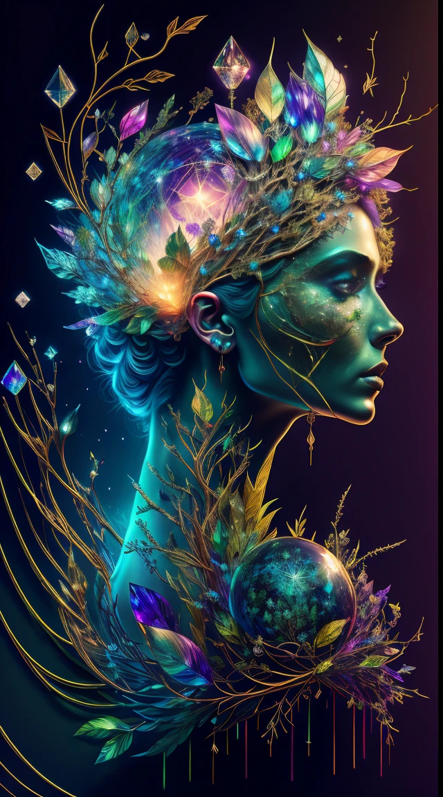 Plant Maiden，Vine Princess，Witch of Thorns，Beautiful line art photo，Use gold strokes and rainbow paint，Golden Maiden，the golden ratio，Melted wax，Visible brush strokes，surrounded by crystal spheres，3D Mosaic Wireframe，neuroimaging，neurons，The Tree of Life，colours，California，intense emotion，oil on the canvas，Thick strokes，insanely details，8k ultra high definition，tmasterpiece，art  stations，ultra-realistic realism，plant witch，Vine Queen，Witch of Thorns