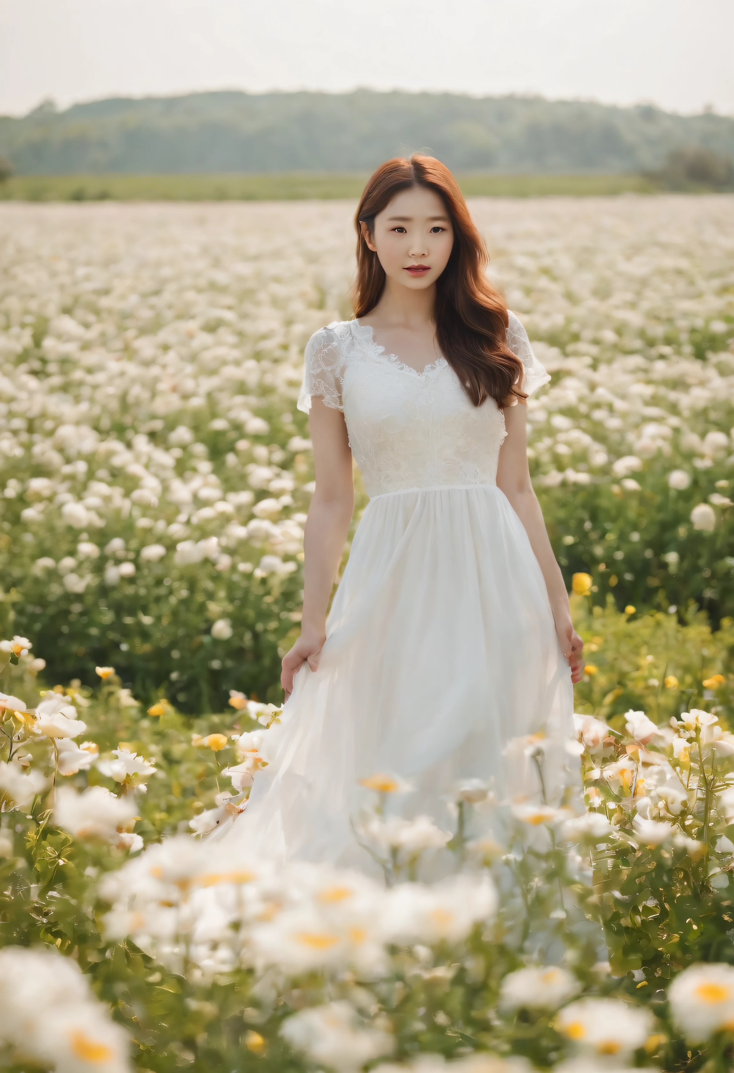 A woman in a white dress stands in a flower field, beautiful Korean women, beautiful young korean woman, standing in flower field, There are flowers, Girl in the flowers, gorgeous young korean woman, standing in flower field,girl standing in flower field, The aesthetic realm of flowers, with frozen flowers around her, girl frontal lobe in flower field，Sunnyday，and the sun was shining brightly，The weather was nice，A large field of flowers，The picture is vivid，フォトリアリスティック，detail-rich