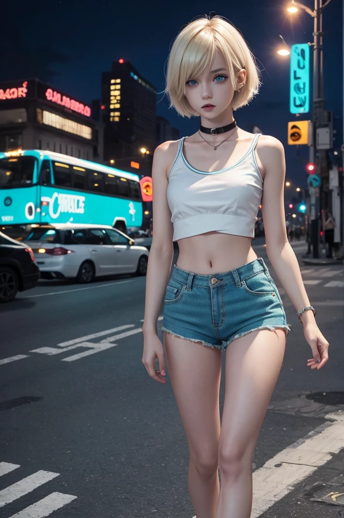 one girl, full body picture, young, slim body, pale skin, turquoise eyes, short blonde hair with fringe, vans sneakers barefoot, low waist hot pants, extra short crop top, collar on neck, city background, night, vampire