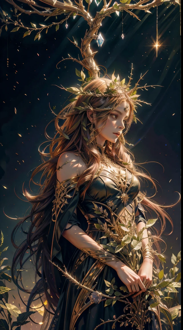 Plant Maiden，Vine Princess，Witch of Thorns，Beautiful line art photo，Use gold strokes and rainbow paint，Golden Maiden，the golden ratio，Melted wax，Visible brush strokes，surrounded by crystal spheres，3D Mosaic Wireframe，neuroimaging，neurons，The Tree of Life，colours，California，intense emotion，oil on the canvas，Thick strokes，insanely details，8k ultra high definition，tmasterpiece，art  stations，ultra-realistic realism，plant witch，Vine Queen，Witch of Thorns