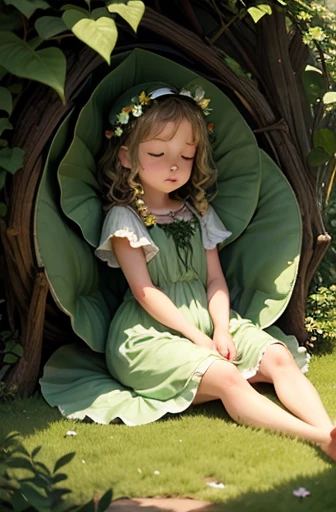 (masterpiece:1.2), (Best quality:1.2), Perfect lighting, cute style symmetric, tiny girl perfect sleep in a giant plant leaf flower,, front frontal view, face european caucasian, poster style epic, fullbody, wearing  herbal decor cloth light night dress tight, no crop body,