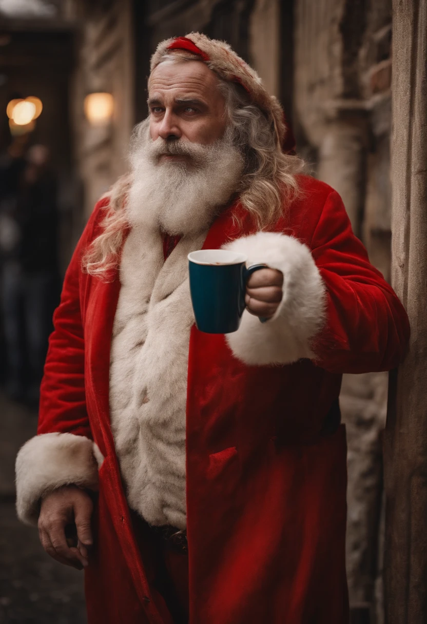 A photo of Bad Santa holding a cup of coffee, staring blankly at the wall with a weary expression on his face.,original,His iconic red suit, now disheveled and stained, reflects a life marred by neglect and vice. The once neatly-groomed white beard is unkempt, and his eyes, historically a source of merry twinkle, are bloodshot and weary. The robust and cheerful figure we know is replaced by a more haggard and careworn man, who carries the weight of his struggles visibly., male