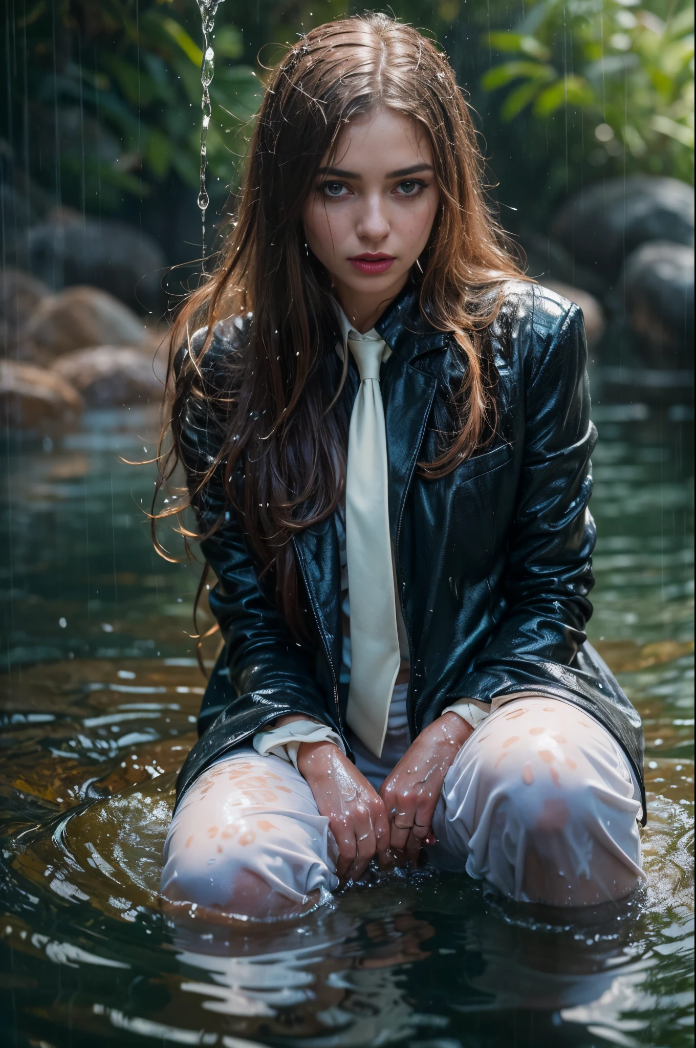 woman in a business suit is sitting in the water, dark woollen suit, white blouse, loose tie, closeup fantasy with water magic, beautiful maiden, tight clothing, wet clothing, realistic oil painting, dripping wet, in water up to her shoulders, beautiful realistic painting, hyperrealist portrait in a river, fully clothed, cute shot, narrow depth of field, 8k, drenched, ((soaked)), dripping water, dripping oil, heavy clothes, soaked in oil, wet all over, rouge lipstick, wet dripping hair, see through