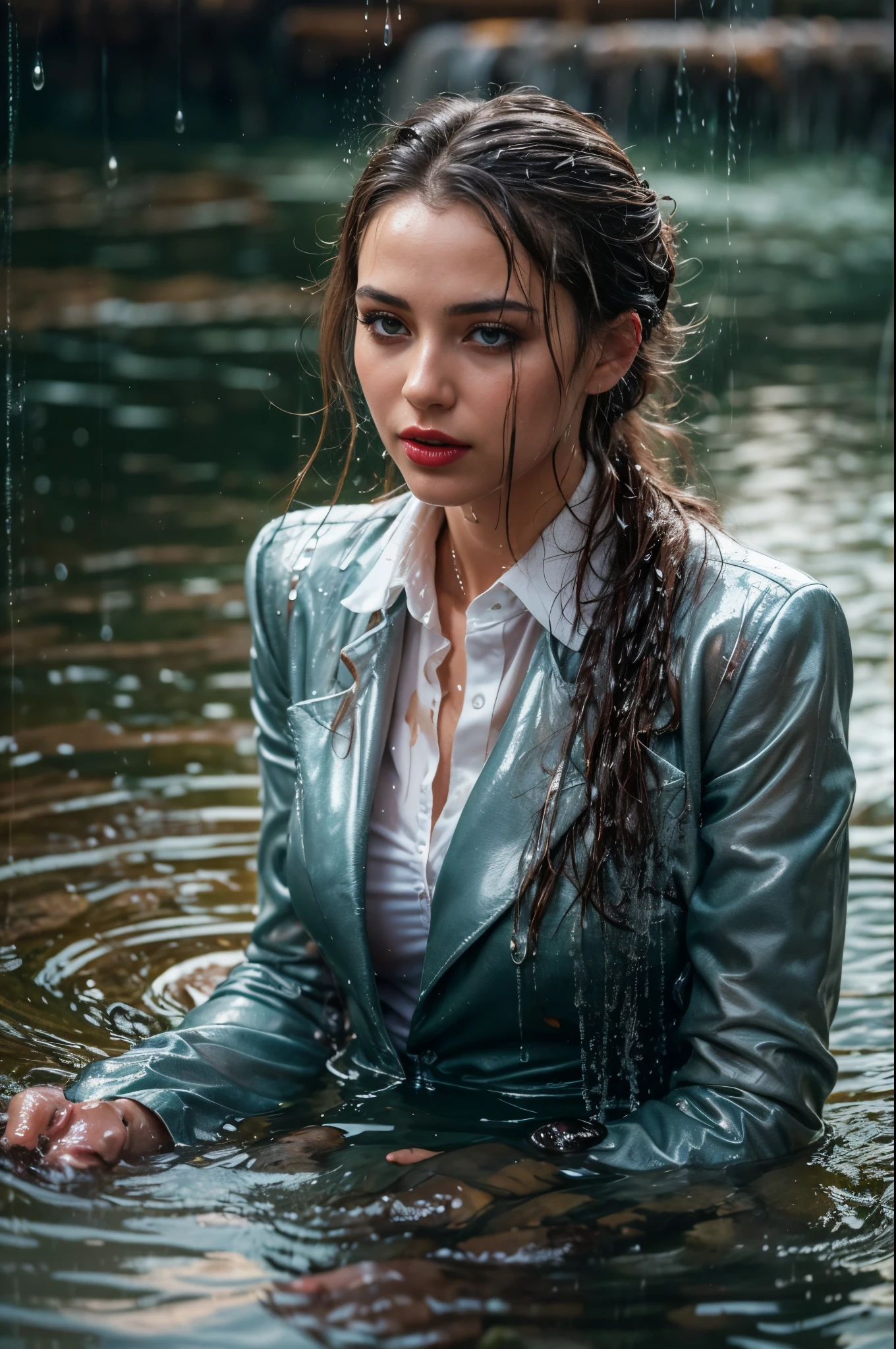 woman in a business suit is sitting in the water, dark woollen suit, white blouse, loose tie, closeup fantasy with water magic, beautiful maiden, tight clothing, wet clothing, realistic oil painting, dripping wet, in water up to her shoulders, beautiful realistic painting,  hyperrealist portrait in a river, fully clothed, cute shot, narrow depth of field, 8k,  drenched, ((soaked)), dripping water, dripping oil, heavy clothes, soaked in oil, wet all over, rouge lipstick, wet dripping hair, see through